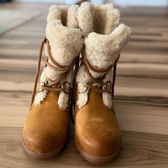 Sorel Joan Of Arctic Wedge Shearling 9.5 Boots Leather Camel - Picture 2 of 10